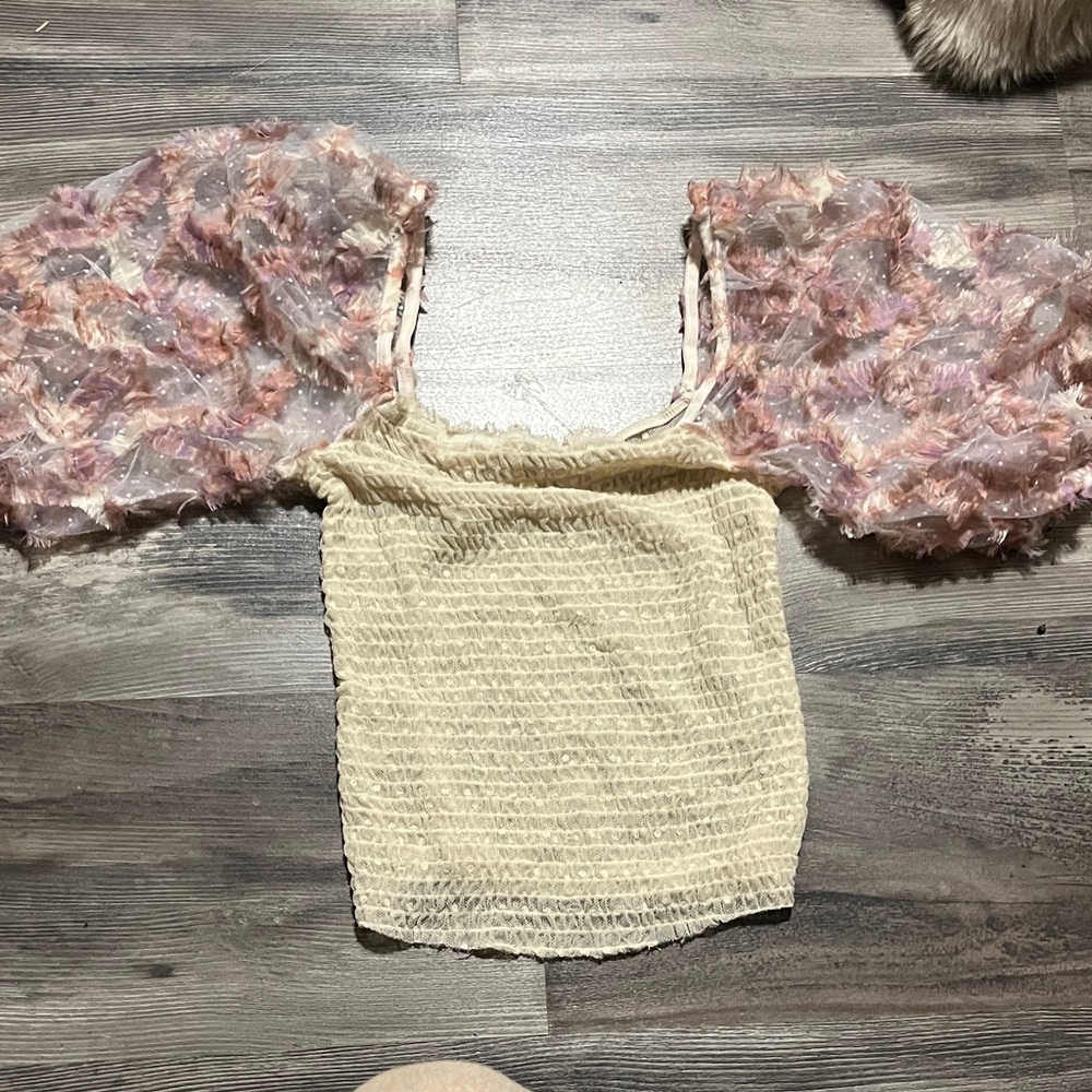 Free People Cream and Pink Textured Blouse